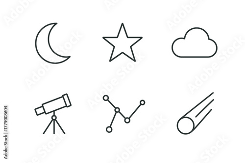 Minimalist astronomy icons: moon, star, cloud, telescope, constellation, comet