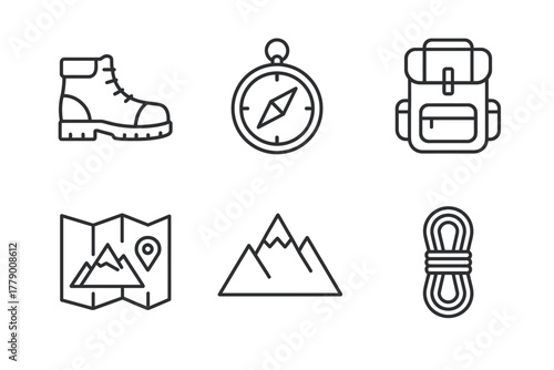Outdoor adventure icons: hiking boot, compass, backpack, map, mountain, rope