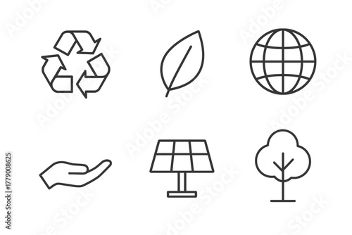 Sustainable icons: recycling, leaf, globe, hand, solar panel, tree