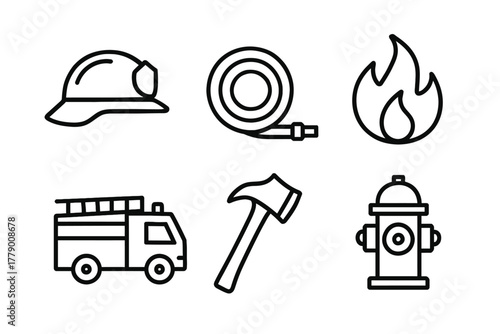 Firefighting equipment icons set: helmet, hose, flame, truck, axe, hydrant
