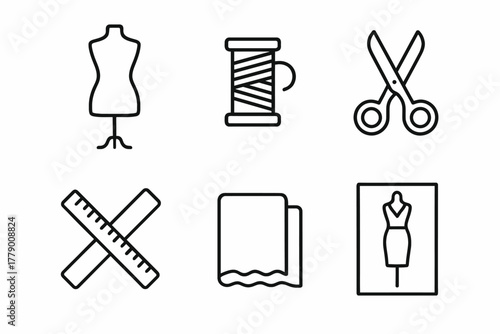 Sewing icons: mannequin, thread, scissors, ruler, fabric, dress design