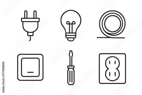 Set of electrical icons: plug, bulb, wire, switch, screwdriver, outlet