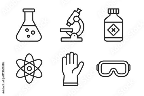 Simple science icons with laboratory equipment and safety symbols