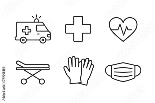 Medical icons set: ambulance, cross, heartbeat, stretcher, gloves, mask