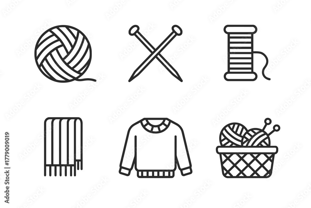 Fototapeta premium Set of knitting and sewing icons featuring yarn, needles, sweater, and thread