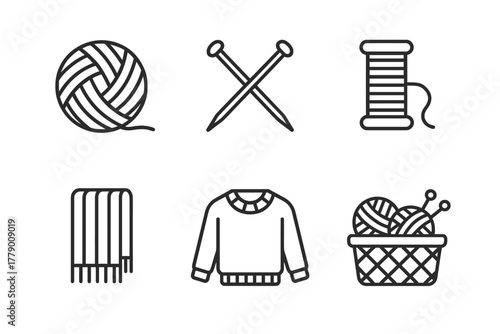 Set of knitting and sewing icons featuring yarn, needles, sweater, and thread
