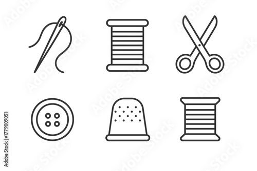 Sewing icons: needle, thread, scissors, button, thimble spool line art collection