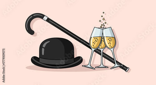 A bowler hat and a cane next to glasses full of champagne. Concept: celebration, toast, success, elegant celebration, or New Year.