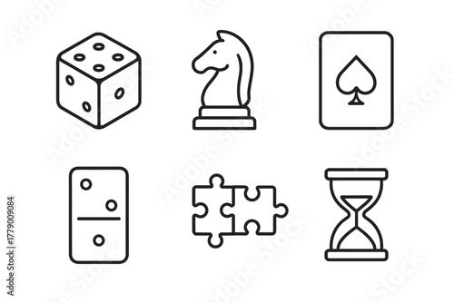 Game icons set: dice, chess, card, domino, puzzle, hourglass