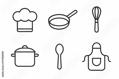 Minimalist kitchen utensils and accessories: chef hat, pan, whisk, pot, spoon, apron icons