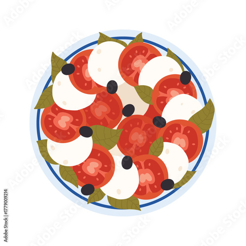Top view of a Greek salad with tomatoes, cheese, olives, and basil leaves on an isolated plate vector illustration