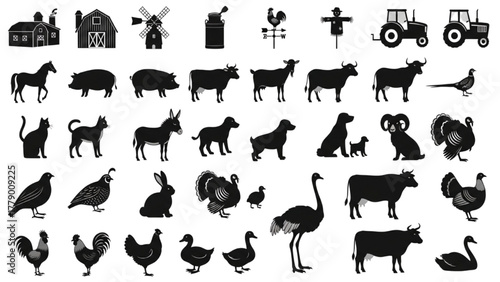 High-Quality Black Silhouette Collection of Farm Animals and Rural Objects on White Background, Minimalist Grid Composition Featuring Barn, Tractor, Windmill, and Livestock in Clean Graphic Style