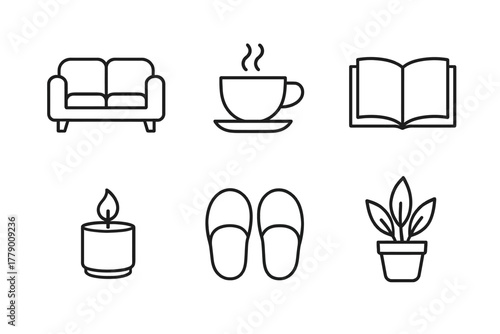 Minimalist icons of sofa, coffee, book, candle, slippers, and plant for cozy living