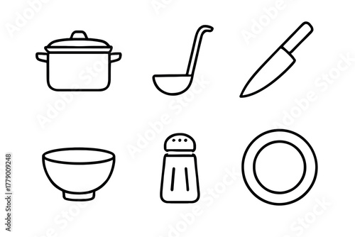 Minimalist kitchen line icons: pot, ladle, knife, bowl, salt shaker, plate