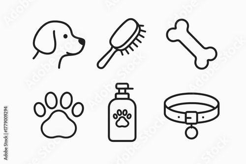 Dog grooming and care icons: brush, bone, paw print, collar design