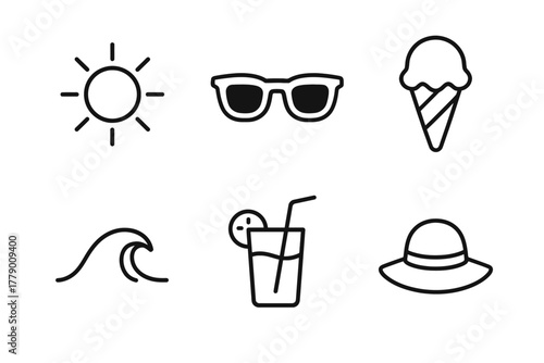 Minimalist summer icons: sun, sunglasses, ice cream, wave, drink, hat