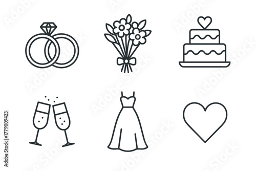 Romantic wedding symbols: rings, bouquet, cake, champagne, dress, heart