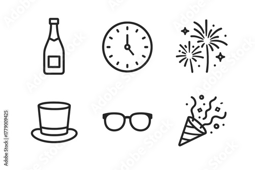Celebratory icons: bottle, clock, fireworks, hat, glasses, party popper