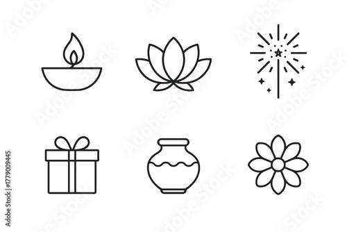 Minimalist icon set: diya, lotus, sparkler, gift, pot, flower