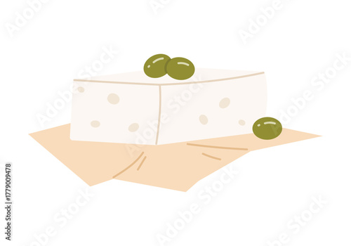 Traditional Greek feta cheese with green olives on paper, isolated on white background vector illustration