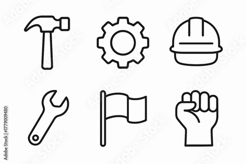 Set of industrial tools and safety icons: hammer, gear, hard hat, wrench, flag, fist