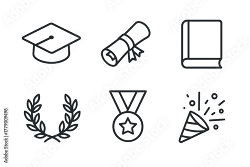 Graduation icons: cap, diploma, book, laurel, medal, celebration