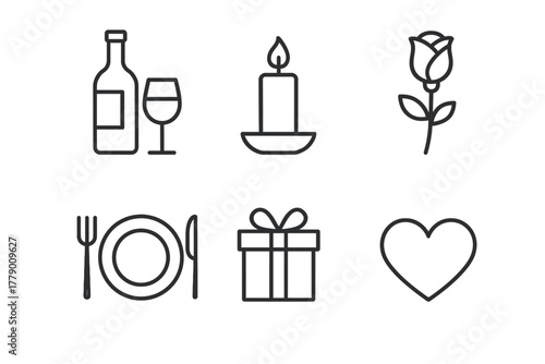 Romantic symbols collection: wine, candle, rose, plate, gift, heart