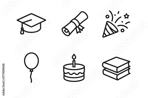 Graduation celebration symbols: cap, diploma, party popper, balloon, cake, books