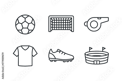 Icon set illustrating soccer essentials: ball, goal, whistle, jersey, cleats, stadium