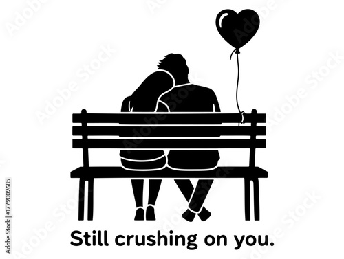 Couple on a Bench with Heart Balloon Still Crushing on You Valentine's Day Sweet Vector Graphic