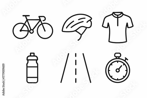 Cycling essentials: bike, helmet, jersey, water bottle, road, stopwatch icons
