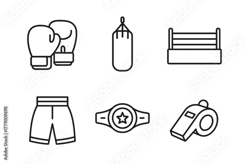 Boxing icons set featuring gloves, punching bag, ring, shorts, belt, and whistle