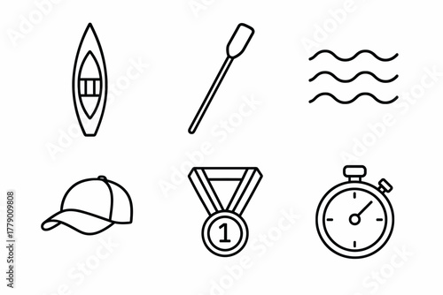 Outline icons of canoe, paddle, waves, cap, medal, stopwatch for outdoor adventure activities
