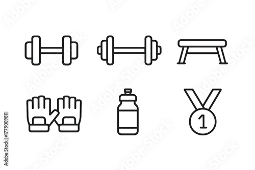 Icon set: dumbbells, bench, gloves, water bottle, medal for fitness motivation