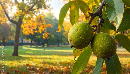 Fototapeta Naklejka Na Ścianę i Meble -  Close-up of two spherical green fruits on a branch, with vibrant autumn foliage in the background, bathed in sunlight