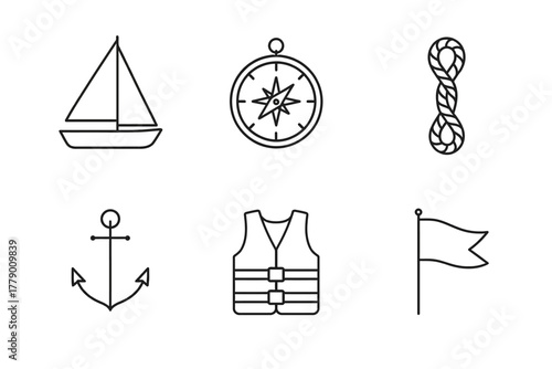 Nautical icons: sailboat, compass, anchor, rope, life vest, flag