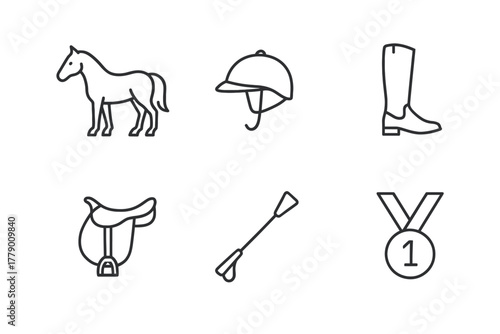 Equestrian icons: horse, riding helmet, boots, saddle, crop, medal