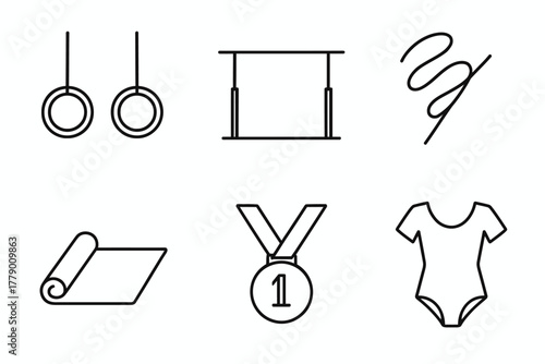Gymnastics equipment icons: rings, parallel bars, ribbon, mat, medal, leotard