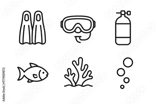 Diving equipment icons: fins, goggles, oxygen tank, fish, coral, bubbles