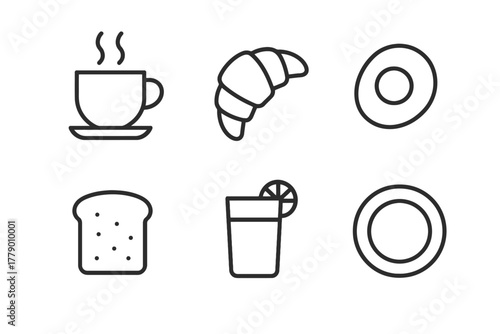 Outline icons of breakfast items: coffee, croissant, egg, toast, juice, plate