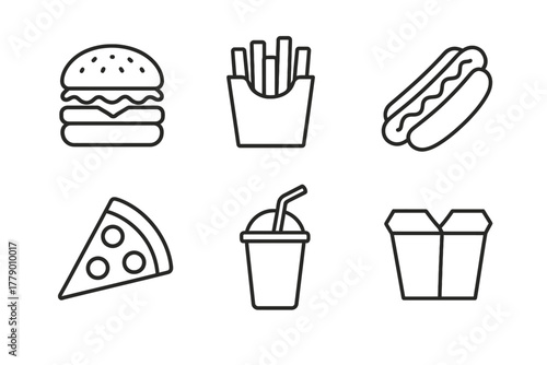 Outline icons of fast food items including burger, fries, hot dog, pizza, drink, takeout box