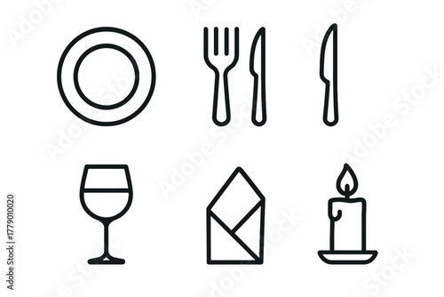 Dining icons: plate, cutlery, wine glass, napkin, candle - simple line art collection