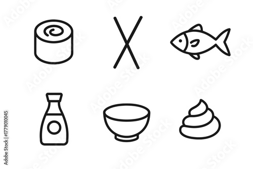 Minimalist japanese food icons with sushi, chopsticks, fish, soy sauce, bowl, and wasabi