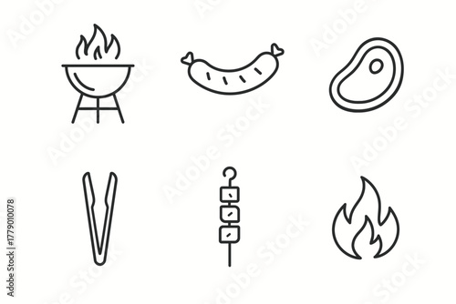 Barbecue icons: grill, sausage, steak, tongs, kebab, flame illustrations