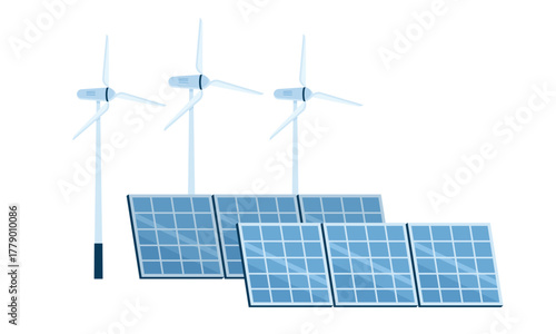 Isolated clean energy concept with wind turbines and solar panels for hydrogen production vector illustration
