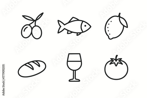 Simple line drawings of olives, fish, lemon, bread, wine glass, tomato