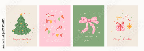 Christmas cute vintage greeting card set. Xmas simple beautiful design with hand drawn Christmas tree, bows, gift, candy cane, flag garland, stars. Vector retro poster, cover, background.