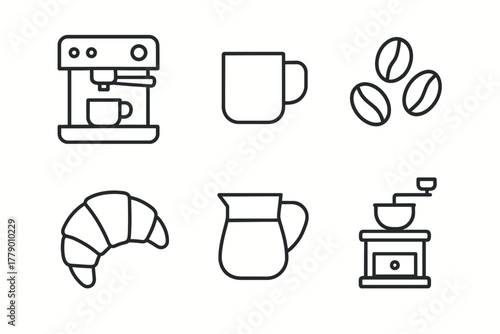 Simple coffee icon set: espresso machine, mug, coffee beans, croissant, pitcher, grinder