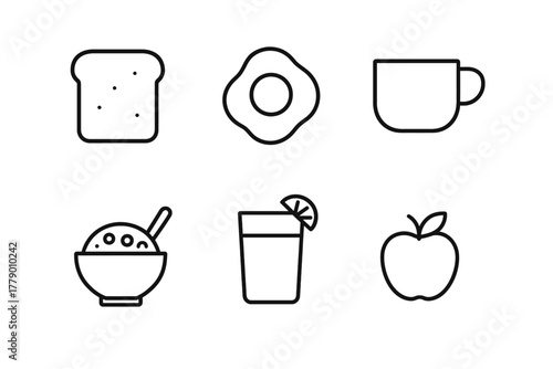 Breakfast icons: toast, egg, mug, cereal, juice, apple in simple line art