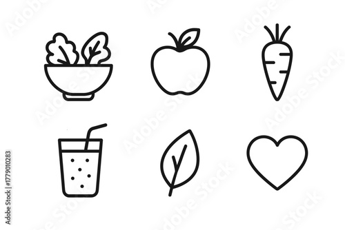 Healthy food icons: salad, apple, carrot, juice, leaf, heart outline
